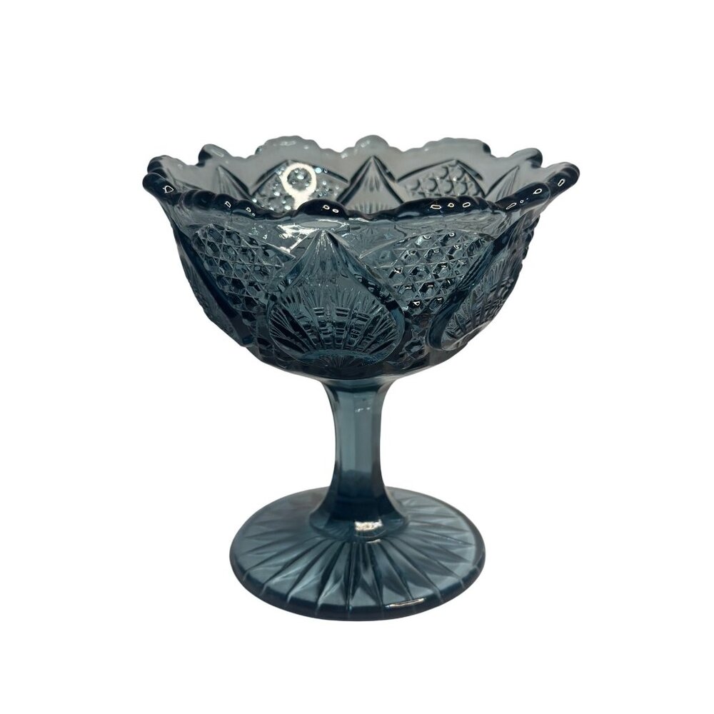 VTG Fenton Blue Glass Compote Pedestal Candy Dish Fan Diamond Pattern Decorative